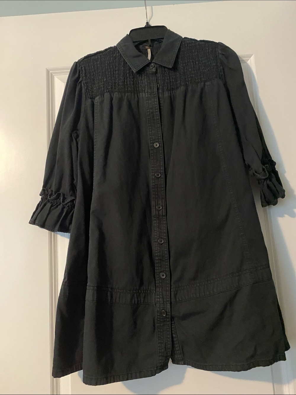 Free People Black Smocked Button-Front Midi Dress/Long Denim Top